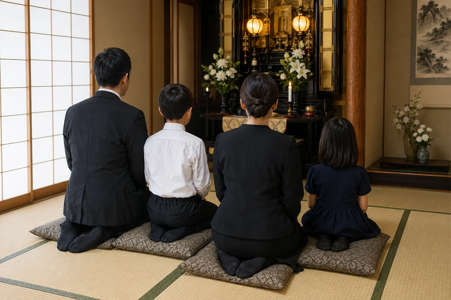 自宅の和室で一周忌の法要に参列する家族の後ろ姿。男性は黒のスーツ、女性は黒のアンサンブル、子供は白シャツと濃紺のワンピース